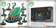A large, squid-like miniature, the Emissary of Mother Hydra, dominates the left side of the image, featuring a textured green body and multiple tentacles with pink suckers. Surrounding it are smaller tentacles, each with a glossy finish, set on round bases. On the right, the packaging for the miniature displays the title "Carnevale" and the name "Rashaar, Emissary of Mother Hydra," along with dark, ominous artwork depicting the creature in a murky underwater scene.