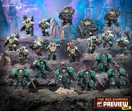 A group of miniature figures representing the Leagues of Votann stands prominently against a rocky, textured backdrop. The models are predominantly clad in teal and dark armor, showcasing various weapons and equipment, including guns and melee weapons. The scene features a mix of characters, including a central figure with a glowing sword, all arranged in a dynamic formation that highlights their unique designs and details.