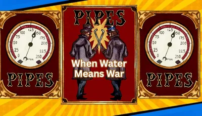 The image features the title "Pipes" prominently displayed in bold letters, flanked by two vintage-style illustrations of men in top hats and long coats, each holding a pipe. The background is a vibrant yellow with radiating lines, enhancing the dynamic feel of the design. Below the title, the phrase "When Water Means War" is centered, adding a thematic touch to the overall artwork. On either side, there are circular gauges labeled "WATER," suggesting a connection to the game's plumbing theme.