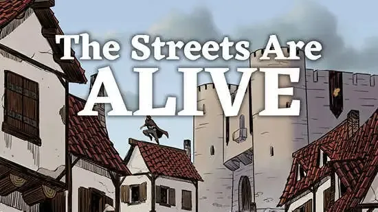 Medieval street with people, horse, and buildings. Text: A Fantasy City Street Generator
