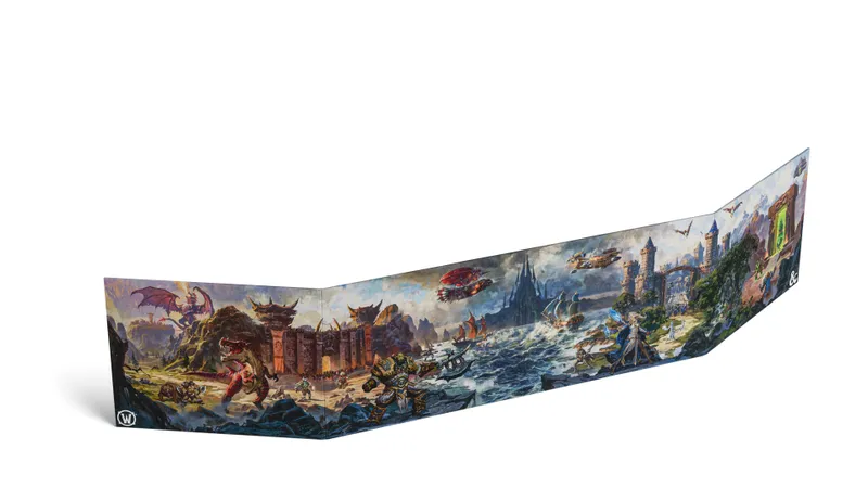 Fantasy battle scene with dragons, warriors, ships, and a castle by the sea.