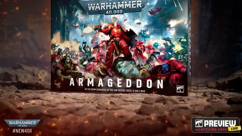 A dynamic box cover for "Warhammer 40,000: Armageddon" features a fierce battle scene between Space Marines and Orks. Prominent in the foreground is a red-armored Space Marine wielding a bolter, while various Ork figures are depicted in aggressive poses. The title "ARMAGEDDON" is displayed boldly at the bottom, accompanied by the tagline "In the grim darkness of the far future there is only war."
