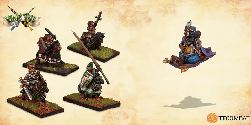 A whimsical scene features a trio of miniatures from the game Half Tilt. On the left, a jouster rides a sturdy pony, while a second figure, a dwarf magician, floats on a magic carpet, adorned in vibrant blue robes and holding a staff. The third miniature, a knight in armor, stands ready with a sword, set against a textured, light-colored background.