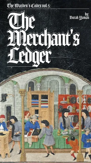 "The Merchant's Ledger" text above a medieval shop scene with people and goods.