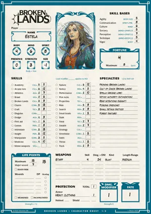 A character sheet for the RPG "Broken Lands" features a portrait of a woman named Estela, with long hair and a serious expression, dressed in a blue cloak. The sheet includes sections for personal attributes like Body, Mind, and Spirit, as well as skill bases for various abilities such as Agility and Knowledge. Additional sections detail life points, weapons, protection, and fortune, with a clean layout and a color scheme of teal and white.
