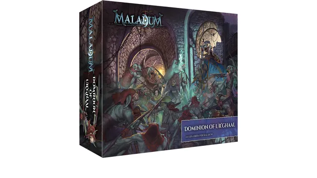 A box for the "Maladum" tabletop game expansion titled "Dominion of Urghal" features a dynamic illustration of a chaotic battle scene set in a dark, stone-walled environment. Various creatures, including menacing Urmeck, are depicted engaging in combat, with a central figure wielding a weapon amidst the fray. The title and subtitle are prominently displayed on the front, emphasizing the expansion's focus on the new Urmeck faction.