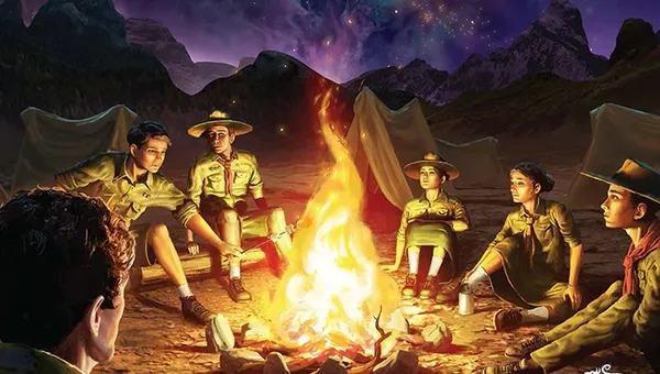 A group of young scouts sits around a campfire, illuminated by its warm glow against a starry night sky filled with swirling cosmic colors. They are dressed in scout uniforms, with tents set up in the background, creating a sense of adventure and camaraderie. The title "CAMPFIRE TALES: SCOUTS AGAINST CTHULHU" is prominently displayed at the top, along with the names of the authors at the bottom.