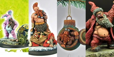 A collection of festive decorations features three distinct items. On the left, a whimsical miniature depicts a large, bearded figure with a playful expression, holding a small toy and surrounded by smaller figures. The center showcases a round ornament with a detailed design, featuring a bearded character in goggles peeking out. On the right, another miniature presents a red-cloaked figure with a mischievous look, adding to the festive theme. All pieces are intricately painted and designed for holiday decor.