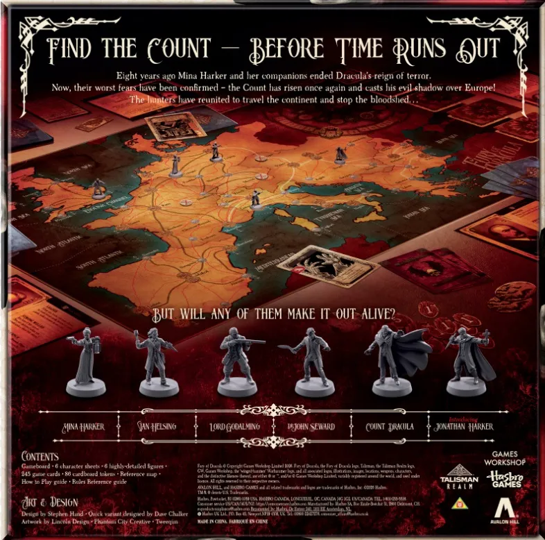 A detailed game box design for "Fury of Dracula: 5th Edition" features a map of Europe in warm tones, highlighting various cities and regions. Prominently displayed are six character miniatures, including Mina Harker, Van Helsing, Lord Godalming, John Seward, Count Dracula, and Jonathan Harker, each positioned on the map. The text at the top reads "FIND THE COUNT - BEFORE TIME RUNS OUT," while a tagline at the bottom poses the question, "BUT WILL ANY OF THEM MAKE IT OUT ALIVE?"