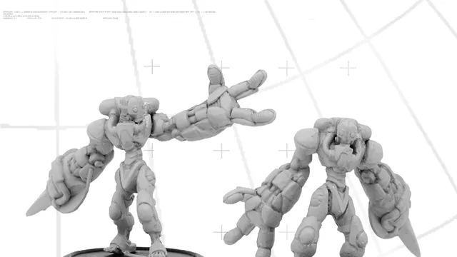 Two miniature figures of Assault Androsynths are displayed, showcasing a futuristic design with mechanical limbs and a humanoid form. One figure stands in a dynamic pose with an outstretched arm, while the other is slightly turned, highlighting its detailed features. The background includes a grid pattern, and the text "COMING SOON - Assault Androsynths" is prominently featured at the bottom.