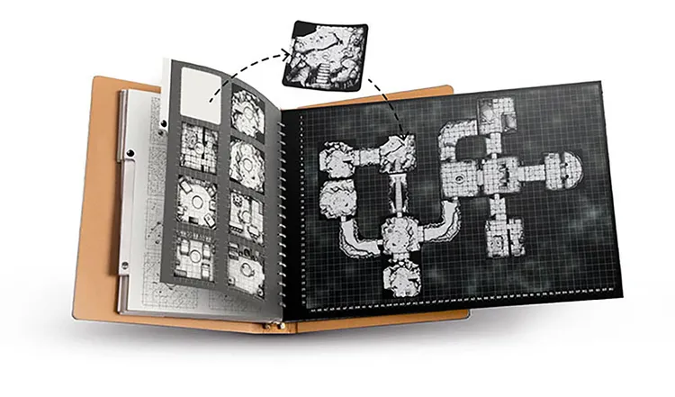 An open modular book displays a detailed fantasy map on a grid background, showcasing various interconnected rooms and pathways. To the left, a transparent sleeve holds smaller map tiles, with one tile being lifted out, indicating its removable nature. The overall design features a grimdark aesthetic, emphasizing the versatility and organization of the Fantasy World Creator: Chronicles system.