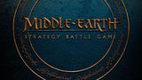 The image features the title "MIDDLE-EARTH STRATEGY BATTLE GAME" prominently displayed in a bold, stylized font, set against a textured dark blue background. Surrounding the title is a circular design that includes intricate, golden script, reminiscent of Tolkien's lore. The overall aesthetic conveys a sense of adventure and fantasy, aligning with the themes of the game.