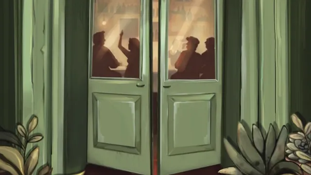 A green double door with glass panels, slightly ajar, showing silhouettes of people inside a dimly lit room. Above the door, a backlit sign reads "AMICI DI SEMPRE" in large, elegant letters, with a smaller sign below it reading "RULEBOOK" in bold, red letters. The door is framed by green curtains, and decorative plants with large leaves flank the base of the door.