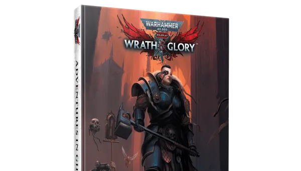 A physical book titled "Adventures in Gilead" for Warhammer 40,000 Roleplay: Wrath & Glory is prominently displayed, featuring a striking cover illustration. The cover depicts a heavily armored character wielding a large hammer, standing in a dark, ominous environment filled with shadowy figures and gothic architecture. The title and logo are clearly visible at the top, with the subtitle "Adventures in Gilead" featured prominently at the bottom.