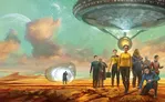 Seven people in futuristic uniforms stand on rocky, desert-like terrain under a large, hovering circular spaceship with glowing lights. One kneels, examining the ground. Background shows a starry sky and distant rocky formations. No visible text.