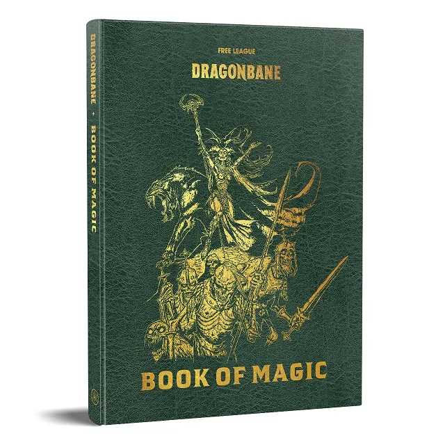 Green book cover with gold foil illustration of a knight and dragon, text "DRAGONBANE BOOK OF MAGIC"
