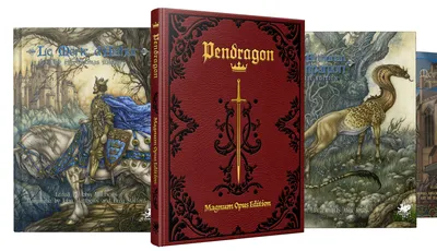 A rich red-and-gold leatherette book titled "Pendragon: Magnum Opus Edition" features ornate designs and a central sword motif, indicating its status as a special collector's edition. Next to it, "Pendragon: The Arthurian Companion - Special Edition" showcases a whimsical illustration of a creature with a leopard-like body and a long, serpentine tail, set against a forest backdrop. The titles are prominently displayed, highlighting their connection to the Pendragon roleplaying game and Arthurian lore.