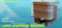 A large, three-storey apartment building model features multiple floors, roof access, and optional slot-in signage. The structure has a detailed facade with windows and a prominent overhang, designed for 28mm-35mm scale miniatures. The background is a light blue with geometric patterns, and the text "LARGE APARTMENT BUILDING" is displayed in bold yellow at the bottom.