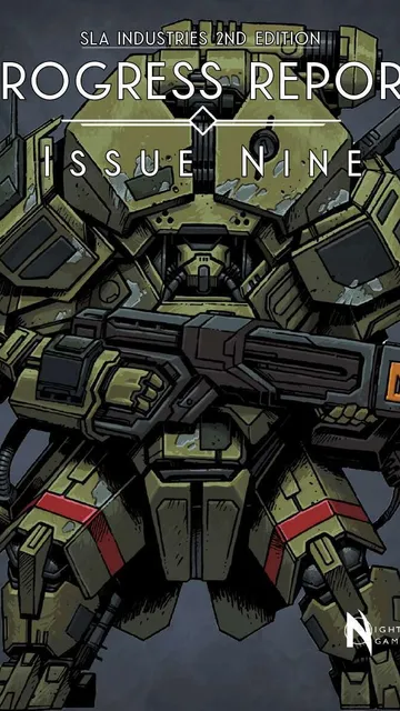 Green armored mech with red accents, holding a large gun labeled "DN". Text above: "PROGRESS REPORT ISSUE NINE".