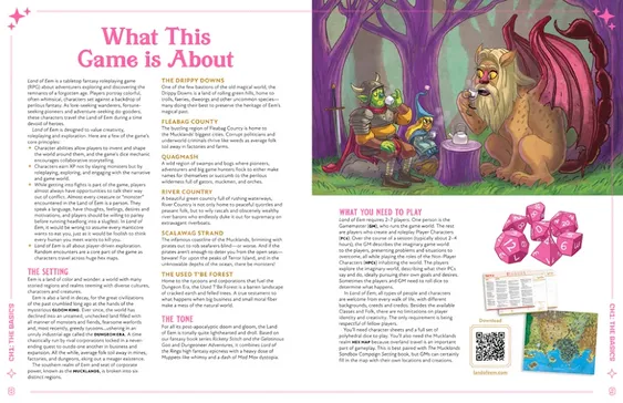 A colorful and whimsical illustration depicts a scene from the Land of Eem tabletop roleplaying game, featuring a diverse group of characters gathered around a table in a vibrant forest setting. A lion-like creature with a regal demeanor holds a cup, while a humanoid figure in armor and another character engage in conversation, showcasing the game's lighthearted and adventurous spirit. The background features stylized trees and foliage, enhancing the fantastical atmosphere of the Mucklands.