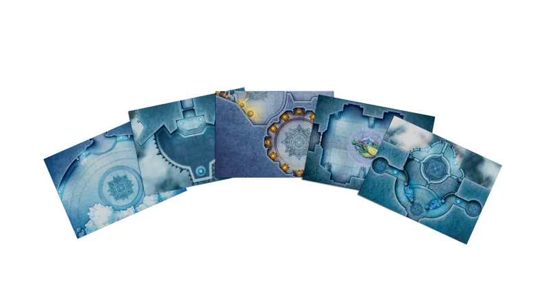 Blue and gray fantasy map tiles with intricate designs and symbols.