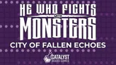 Purple background with dotted pattern. White and gray text reads: "He Who Fights with Monsters" with a sword graphic, "with" in smaller text, "Monsters" in large white letters, and "City of Fallen Echoes" in smaller gray text beneath.