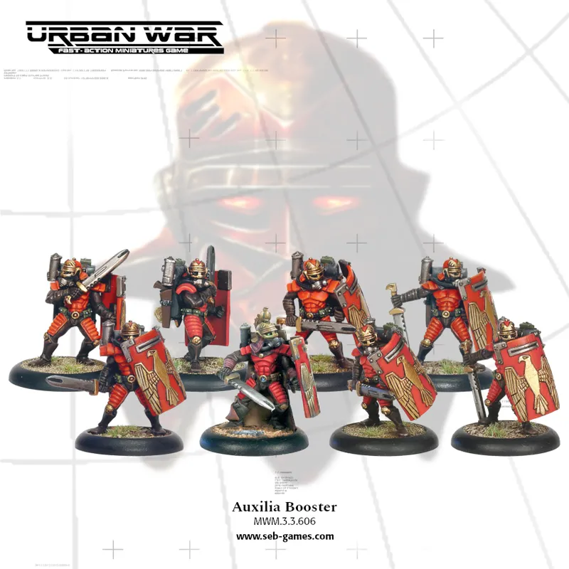 A group of eight miniature figures from the "Urban War" tabletop game, featuring armored soldiers in red and black uniforms, each holding shields adorned with a golden eagle design. The figures are posed in various stances, showcasing weapons and gear, with a large, stylized helmeted figure in the background. The text "Auxilia Booster" and the website URL are displayed at the bottom, along with the game logo at the top.