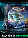 A vibrant display features the box art for "DreadBall: All Stars," showcasing dynamic illustrations of various futuristic characters engaged in a competitive sports setting. In the foreground, two miniatures are prominently displayed: one is a sleek, armored figure, and the other is a muscular, green-skinned character in heavy armor. The text "BACK NOW ON KICKSTARTER" is boldly presented at the bottom, emphasizing the crowdfunding campaign.