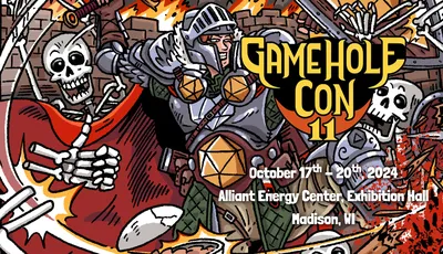 Gamehole Con 11 image showing a knight fighting skeletons. Event dates are October 17th to 20th, 2024, at Alliant Energy Center, Exhibition Hall, Madison, WI