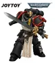 A stylized action figure of a space marine in black and red armor with gold accents, holding a large sword in the right hand and a golden pistol in the left. The figure wears a tattered white cape, a golden crown-like helmet, and a chain with a cross symbol on the chest. The background is white. Text in the top left reads "JOYTOY" and in the top right reads "WARHAMMER 40,000".
