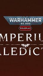 The image features the title "IMPERIUM MALEDICTUM" prominently displayed in bold, white lettering against a dark red background. Above the title, the "WARHAMMER 40,000" logo is showcased in a metallic blue and silver design, with the word "ROLEPLAY" highlighted in a red hexagon. The overall aesthetic conveys a sense of ominous grandeur, fitting for the Warhammer 40,000 universe.