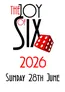 The design features the text "SIX" prominently, with the "S" and "I" in black and the "X" stylized to resemble a red die with white dots. Below, the year "2026" is displayed in bold red, followed by the date "Sunday 28th June" in a more elegant black font. The overall layout is clean and eye-catching, emphasizing the event's focus on small scale wargaming.