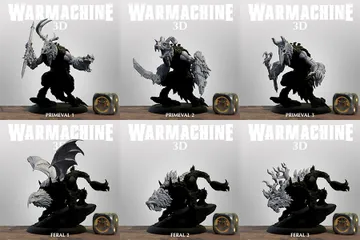 A collection of six 3D models from the Warmachine series is displayed in a grid format. The top row features three Primeval models, each showcasing unique designs with intricate details, including armor and weaponry. The bottom row presents three Feral models, characterized by their beastly forms and dynamic poses, with some featuring wings and distinctive facial features, all set against a simple background.