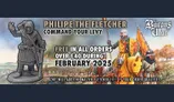 The image features a promotional banner for Footsore Miniatures & Games, highlighting a free miniature called "Philippe the Fletcher" available with qualifying orders. On the left, the Master Fletcher is depicted in a sculpted form, gesturing amicably with his left hand, dressed in historical attire. The background showcases a vibrant scene from the Barons' War, featuring mounted knights and soldiers in colorful armor, set against a pastoral landscape. The text emphasizes the offer, stating it is valid for orders over £40 during February 2025.