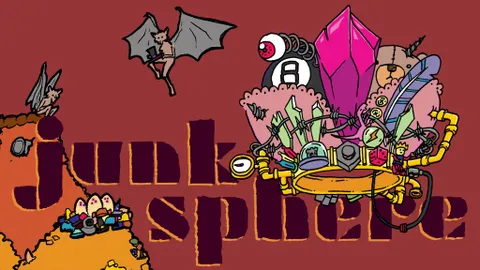 Stylized illustration featuring two characters against a deep red background. On the left, a humanoid figure with cat-like features, including pointed ears and a tail, clings to a large, jagged, gray winged shape resembling a broken or floating structure. The figure wears a sleeveless top and shorts.

On the right, a humanoid robot with a round head, a single large eye, and a mechanical body stands atop a pile of colorful debris. The robot wears a belt with tools or objects attached and holds a wrench in one hand. Surrounding the robot are various mechanical parts, gears, and what appear to be broken or discarded items.

In the center, large bold letters spell out "JUNKSPHERE" in a mix of black and yellow, with a distressed or grunge texture. The letters cast shadows, giving them a three-dimensional effect. In the bottom left corner, a small character with a round body and antennae stands next to a stack of books or crates.