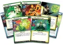A collection of Marvel Champions: The Card Game cards features various characters and abilities. Prominent cards include Enchantress, depicted in a flowing green gown, and Loki, God of Lies, illustrated with a horned helmet and a mischievous expression. Other cards showcase minions like Absorbing Man and Sindr, along with effects such as "Spell Blast," all set against a vibrant green background.