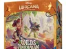 A colorful box for the Disney Lorcana Trading Card Game expansion titled "Wilds Unknown," featuring characters from Toy Story, Buzz Lightyear and Woody, depicted in a vibrant, adventurous landscape filled with lush greenery and fantastical elements. The title "WILDS UNKNOWN" is prominently displayed at the center, with the subtitle "ILLUMINEER'S TROVE" below it. The box design includes whimsical details and a logo for Ravensburger, enhancing the adventurous theme of the set.