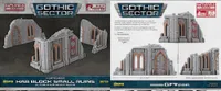 A set of three small ruined hab blocks, featuring gothic architectural elements such as pointed arches and intricate detailing, are displayed against a dark background. The ruins are painted in shades of gray with orange accents, showcasing a weathered appearance. Accompanying text highlights that these pieces are part of the Gothic Sector range, designed for tabletop gaming and ready to use straight out of the box.