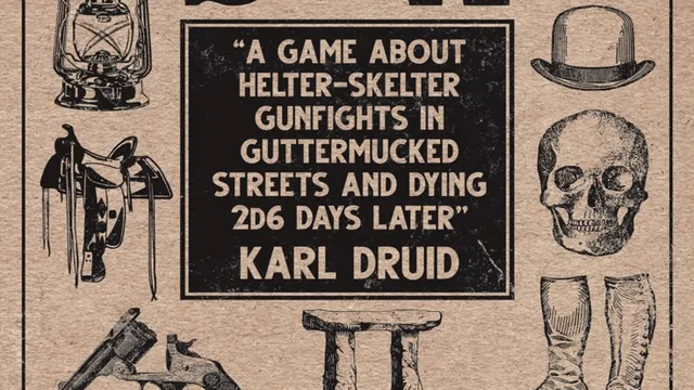 The cover of "Frontier Scum" by Karl Druid. The background is a textured beige. Surrounding the central text are various black-and-white illustrations: a wagon, a lantern, a saddle, a revolver, a stool, a pair of boots, a bowler hat, a skull, a snake, and a cockroach. The central text reads: "FRONTIER SCUM" at the top in large, bold letters. Below, in a black box, it says: "A game about helter-skelter gunfights in guttermucked streets and dying 2d6 days later" and at the bottom of the box, "KARL DRUID".