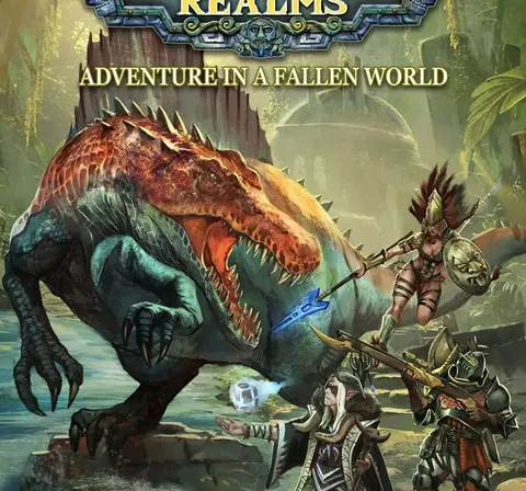 Cover art for a tabletop RPG showing a large, armored dinosaur-like creature attacking three armored adventurers near rocky ruins. One adventurer wields a spear, another a sword, and a third holds a glowing orb.