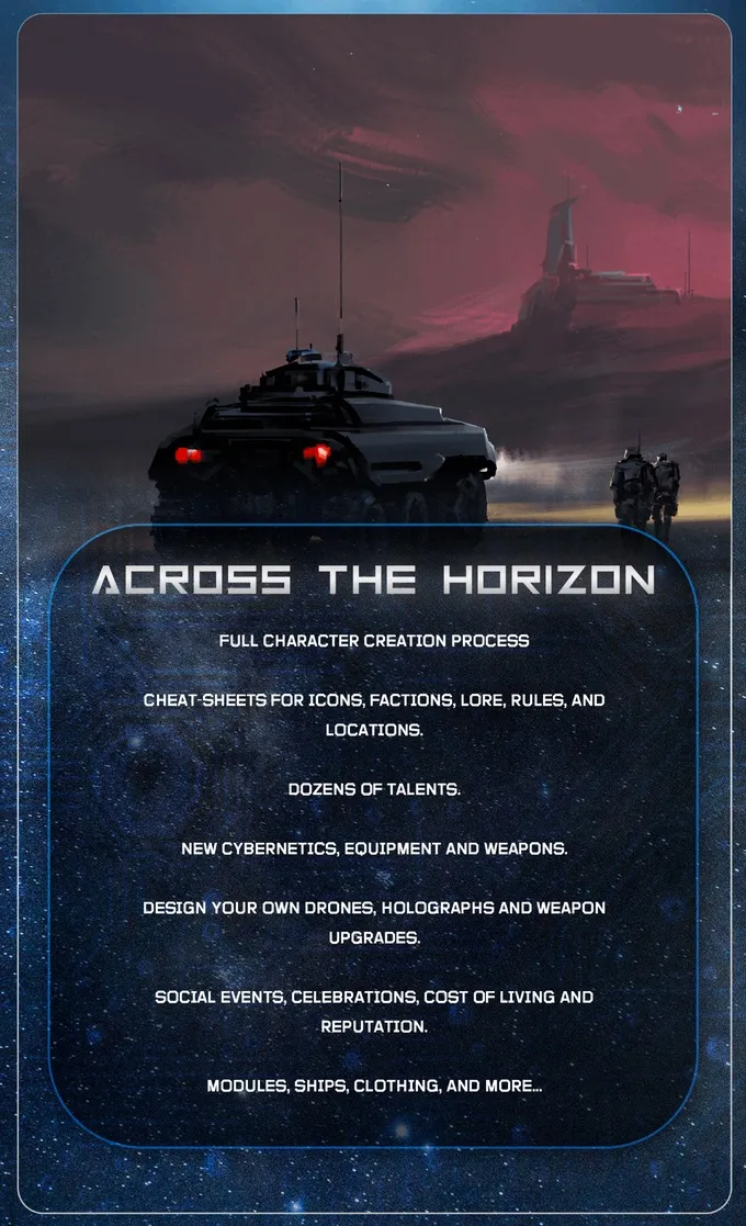ACROSS THE HORIZON, Full character creation process, cheat-sheets, talents, cybernetics, drones, social events, modules, ships