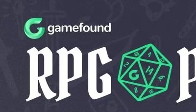 A glowing green 20-sided die with visible numbers and a stylized "G" in the center, set against a dark textured background. Partial white text reading "PR" is visible on the right side.
