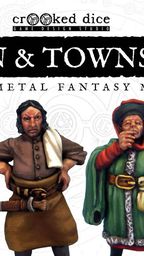 A collection of five 28mm scale, white metal miniatures is displayed, showcasing various fantasy townsfolk. The characters include a jovial barmaid, a grinning old man, a stern-looking woman in a green cloak, and two other distinct figures, each with unique clothing and expressions that reflect their roles as NPCs in a fantasy RPG setting. The background features the title "TAVERN & TOWNSFOLK" prominently, emphasizing the theme of the Kickstarter campaign.