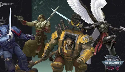 A dynamic illustration features four distinct characters from the Warhammer 40,000 universe. On the left, a Space Marine in blue armor holds a pistol, while a figure in a military uniform brandishes a sword in the center. To the right, an imposing Ork in yellow armor displays a fierce expression, and behind him, a character with a mechanical arm and a large weapon stands ready for battle. The background includes a stylized map, enhancing the sci-fi atmosphere of the scene.