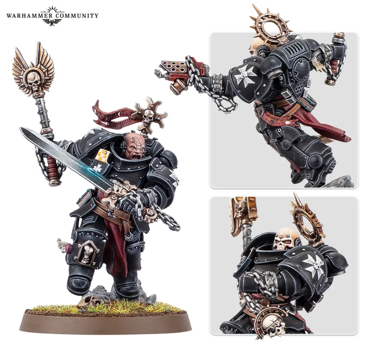 A Black Templars Execrator stands prominently, clad in black power armor adorned with silver details and a white insignia. He wields a master-crafted power sword in one hand and a pyre pistol in the other, with a skull-topped staff featuring angelic wings on his back. The model is set on a grassy base, showcasing intricate details like chains, skulls, and a flowing red cape, emphasizing his role as a devout warrior ready for battle.