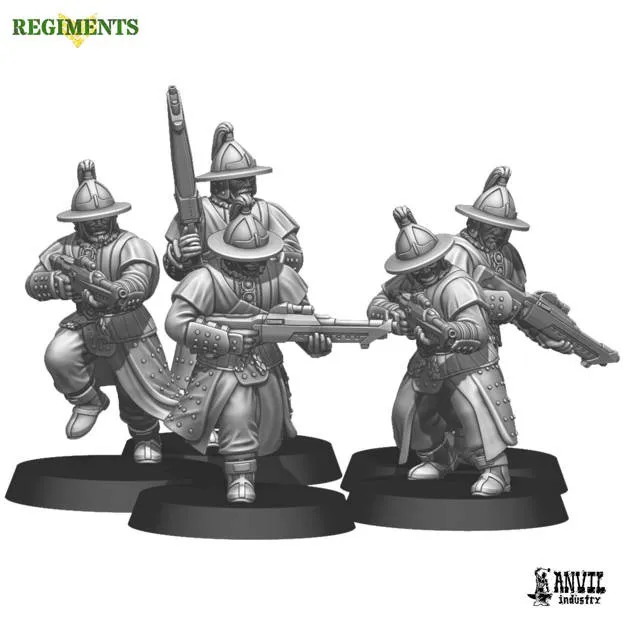 Four armored figures in wide-brimmed hats holding rifles on circular bases.