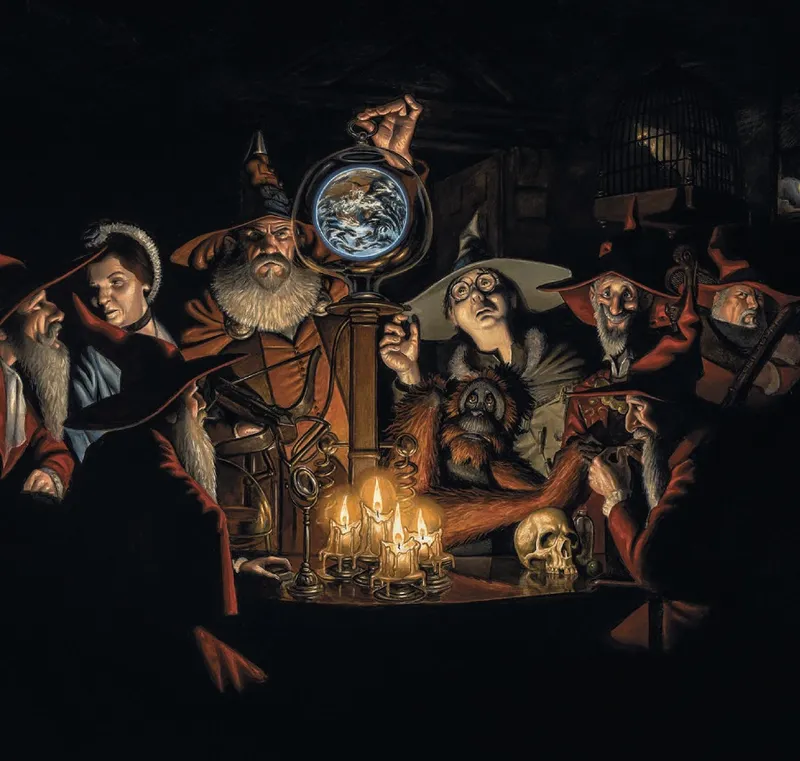 Group of robed figures gathered around a glowing globe, candles, and a skull on a table.