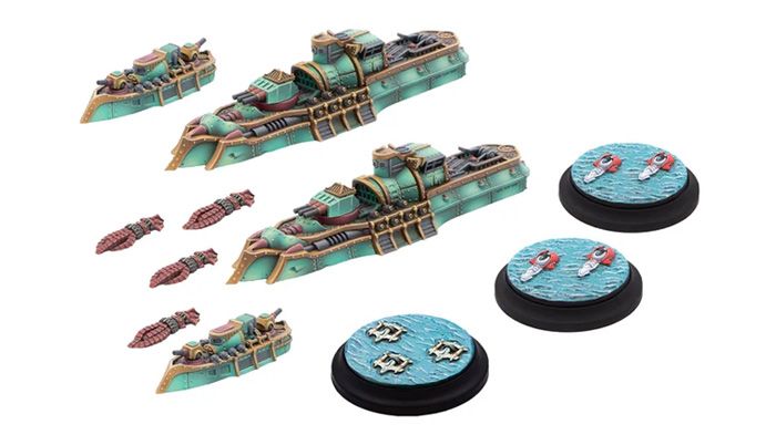 A collection of miniature ships and tokens from the Dystopian Wars game is displayed. The ships feature intricate designs with a turquoise color scheme, showcasing various types including cruisers and smaller vessels. Accompanying the ships are several tokens, including circular bases with water textures and additional markers, enhancing the gameplay experience.