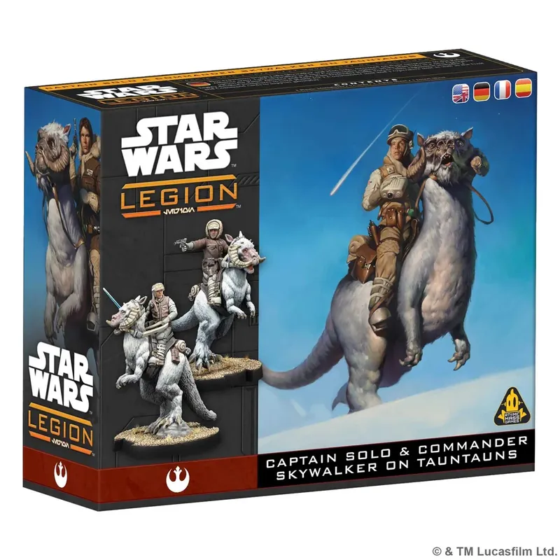 A box for the "Captain Solo & Commander Skywalker on Tauntauns" expansion for Star Wars: Legion features vibrant artwork of Luke Skywalker and Han Solo riding Tauntauns. Luke is depicted in a Rebel pilot outfit, holding a blaster, while Han is dressed in winter gear, both set against a blue sky. The box design includes the Star Wars: Legion logo and the Rebel Alliance insignia, emphasizing the theme of the expansion.