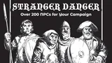 Five figures in a stylized black-and-white illustration stand together against a plain dark background. At the top, the text reads: "Over 200 NPCs for Your Campaign." Below the figures, smaller text says: "Designed for use with Shadowdark RPG."

From left to right:
1. A person with long hair, wearing a sleeveless tunic and cross-gartered leggings, holding a spear over one shoulder.
2. A person with shoulder-length hair, dressed in layered robes with fur trim, holding a staff in one hand.
3. An older person with a long beard, wearing a hooded cloak and holding a book or scroll.
4. A person in full plate armor with a closed helmet, holding a round shield with a circular emblem.
5. A person with a long beard and mustache, wearing a wide-brimmed hat, a long coat, and boots, holding a sword at their side.